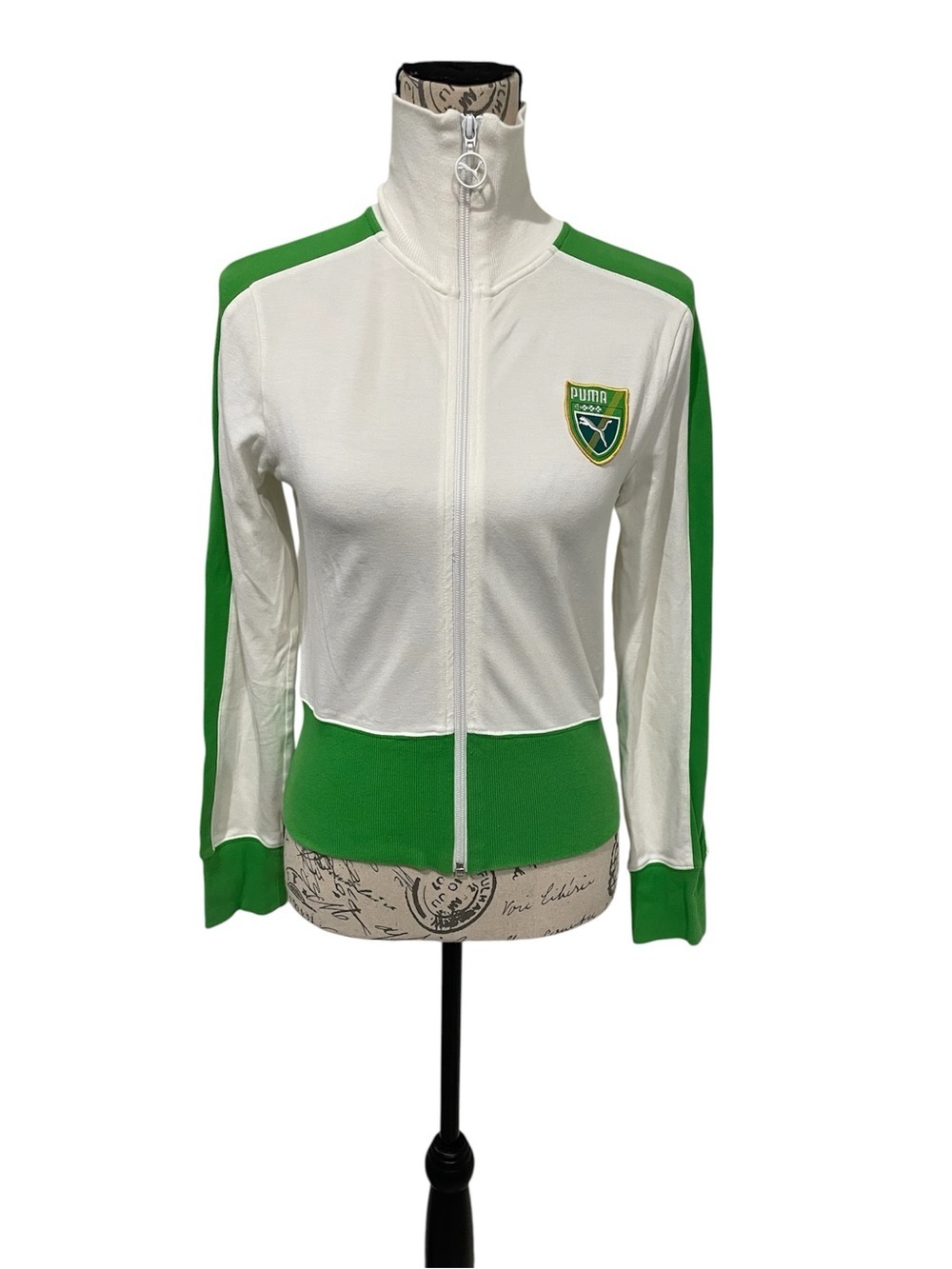 Puma White Green Zip Up Track Jacket Fitted Stretch Athletic Women’s M